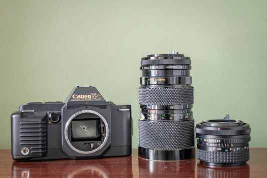 MINT 1980s Canon T70 35m SLR Film Camera BUNDLE with 2 Lenses!