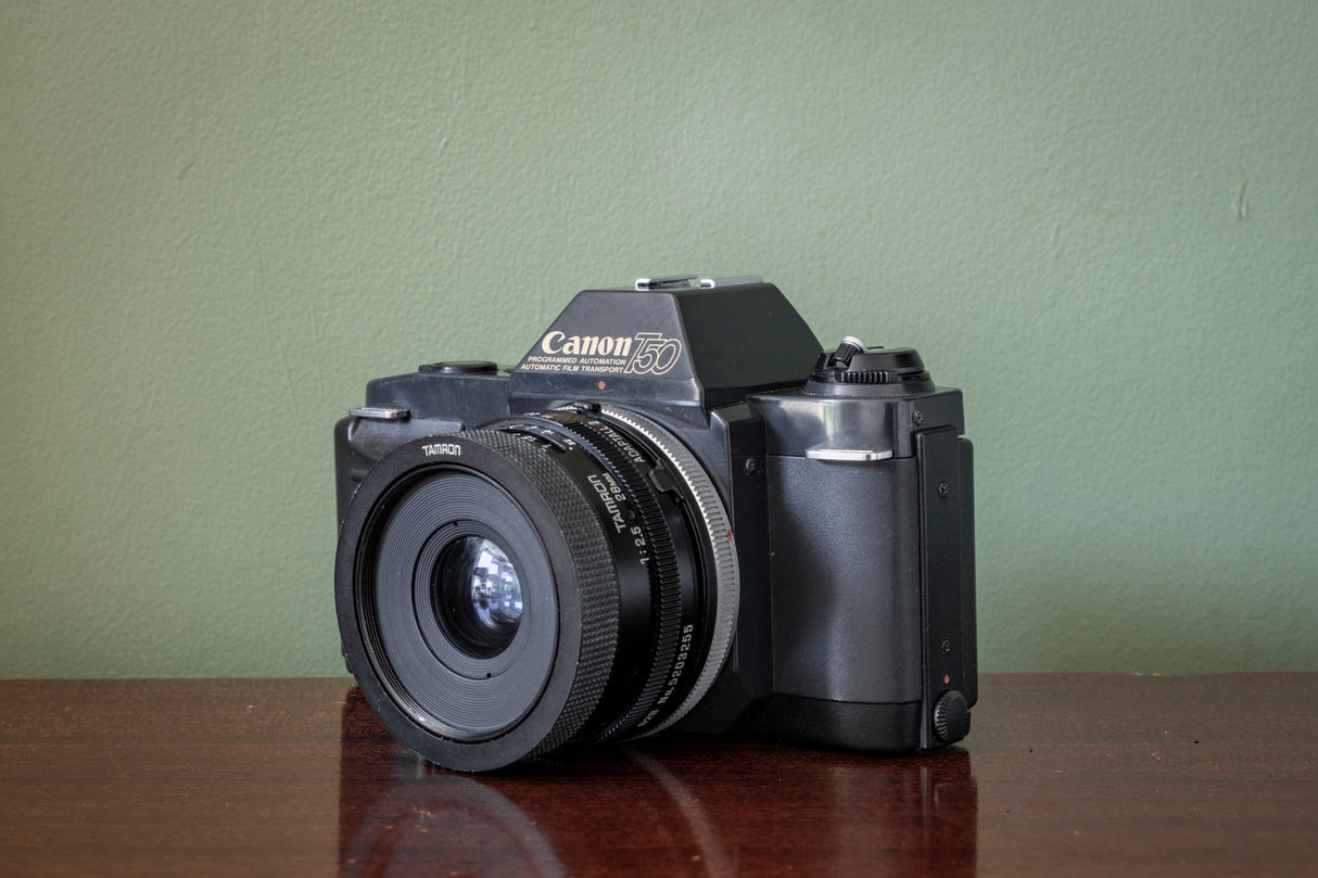 Canon T50 35mm SLR Film Camera with Tamron 28mm F2.5 Lens