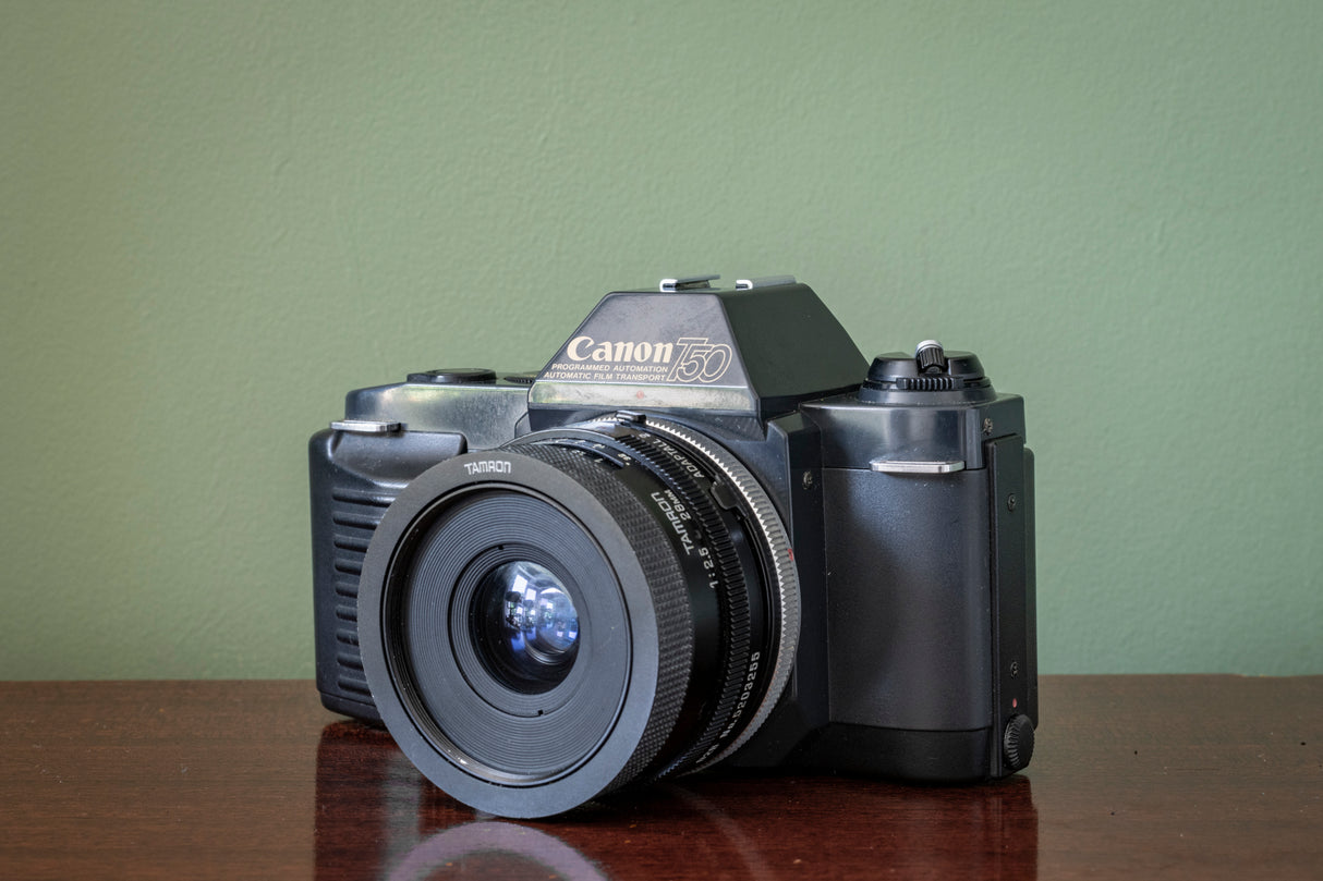 Canon T50 35mm SLR Film Camera with Tamron 28mm F2.5 Lens