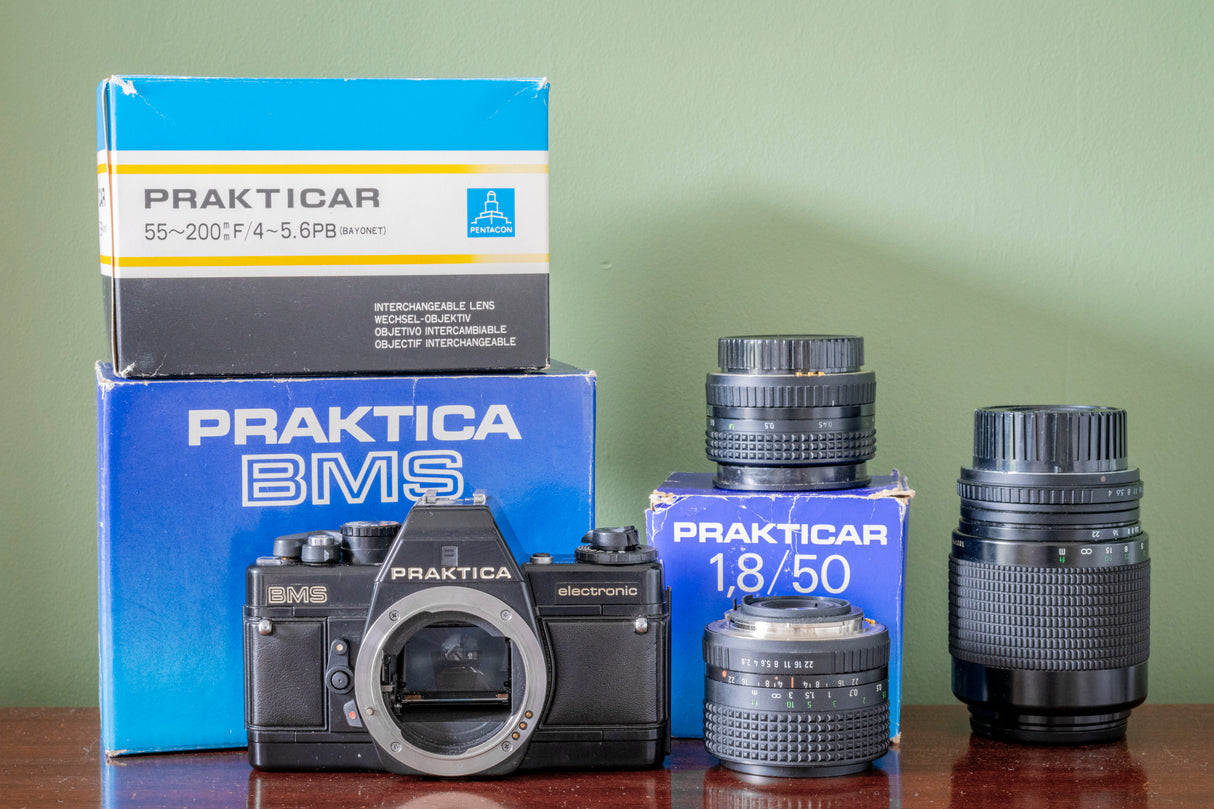 Stunning BOXED Praktica BMS 35mm SLR Film Camera + 3 Lenses